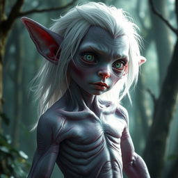 A fantasy changeling with purplish-white skin and no pupils, possessing white hair and no mouth, characterized by vague features