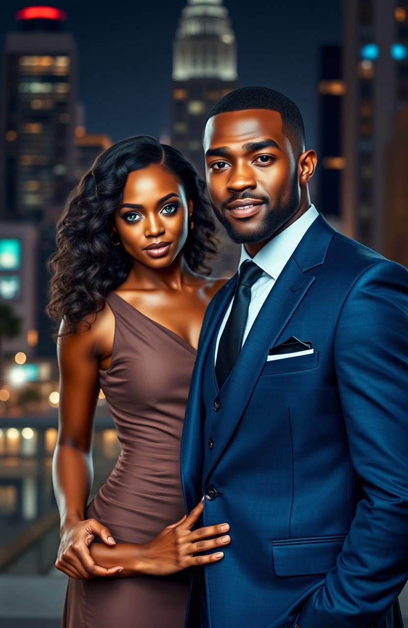 A handsome black man in a tailored suit standing beside a stunning black and Creole woman with mesmerizing green eyes