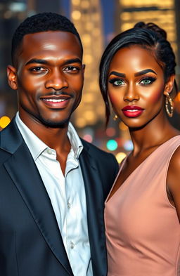 A handsome black man in a tailored suit standing beside a stunning black and Creole woman with mesmerizing green eyes