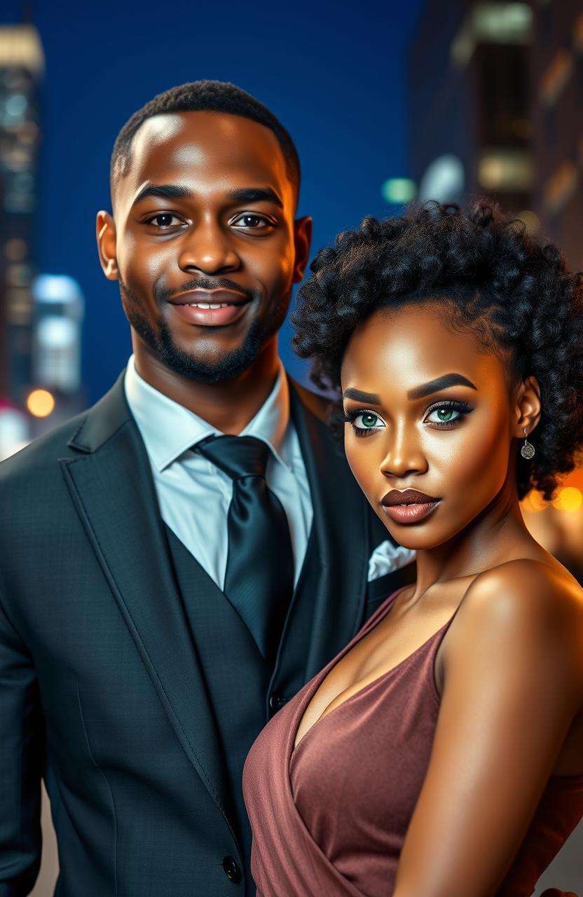 A handsome black man in a tailored suit standing beside a stunning black and Creole woman with mesmerizing green eyes