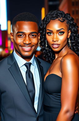 A handsome black man in a tailored suit standing beside a stunning black and Creole woman with mesmerizing green eyes