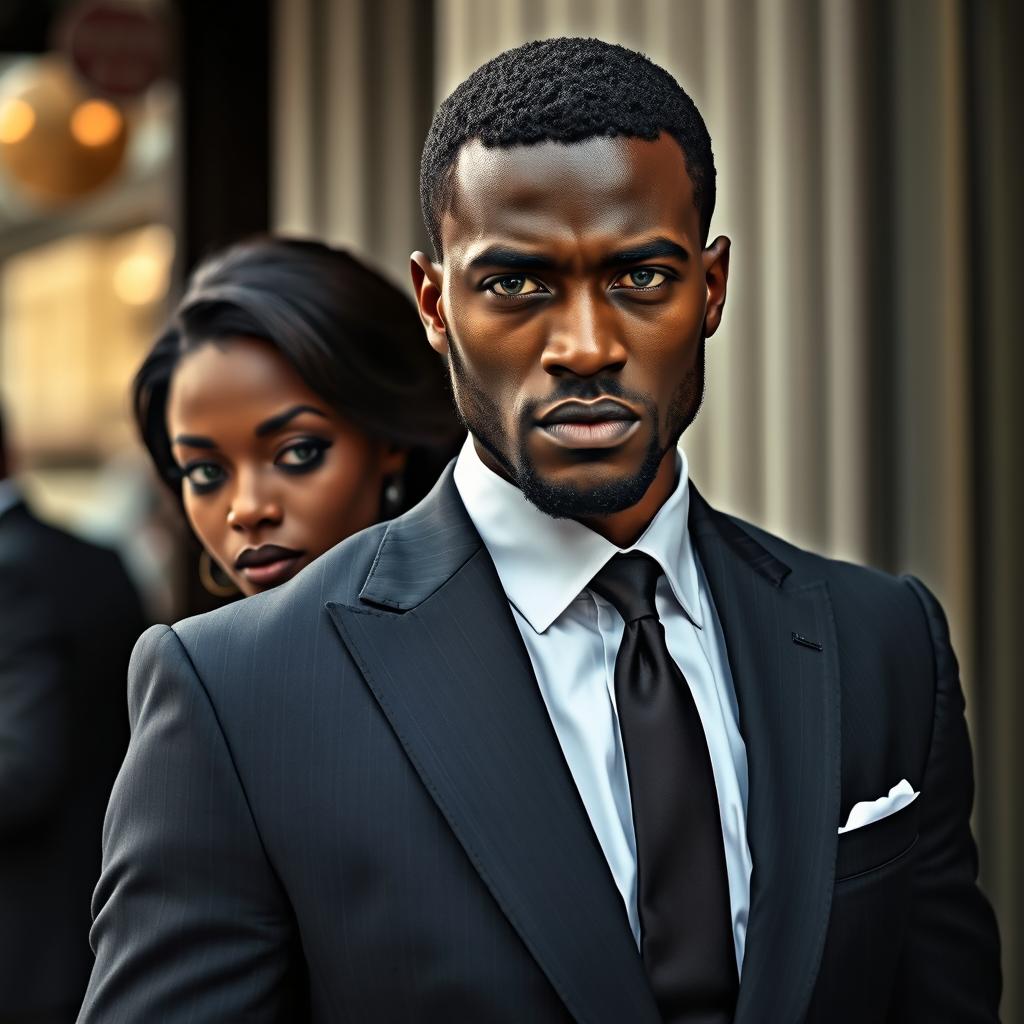 A handsome black man in a tailored suit with a stern expression stands prominently in the foreground