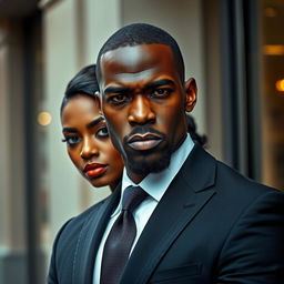 A handsome black man in a tailored suit with a stern expression stands prominently in the foreground