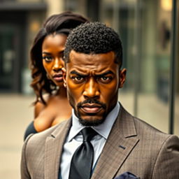 A handsome black man in a tailored suit with a stern expression stands prominently in the foreground