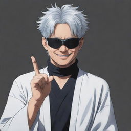 Satoru Gojo from Jujutsu Kaisen, with his distinctive blindfold and silver hair. He is in his classic pose making a hand sign and with a confident smile.