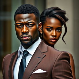 A handsome black man in a tailored suit with a stern expression stands prominently in the foreground