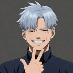 Satoru Gojo from Jujutsu Kaisen, with his distinctive blindfold and silver hair. He is in his classic pose making a hand sign and with a confident smile.