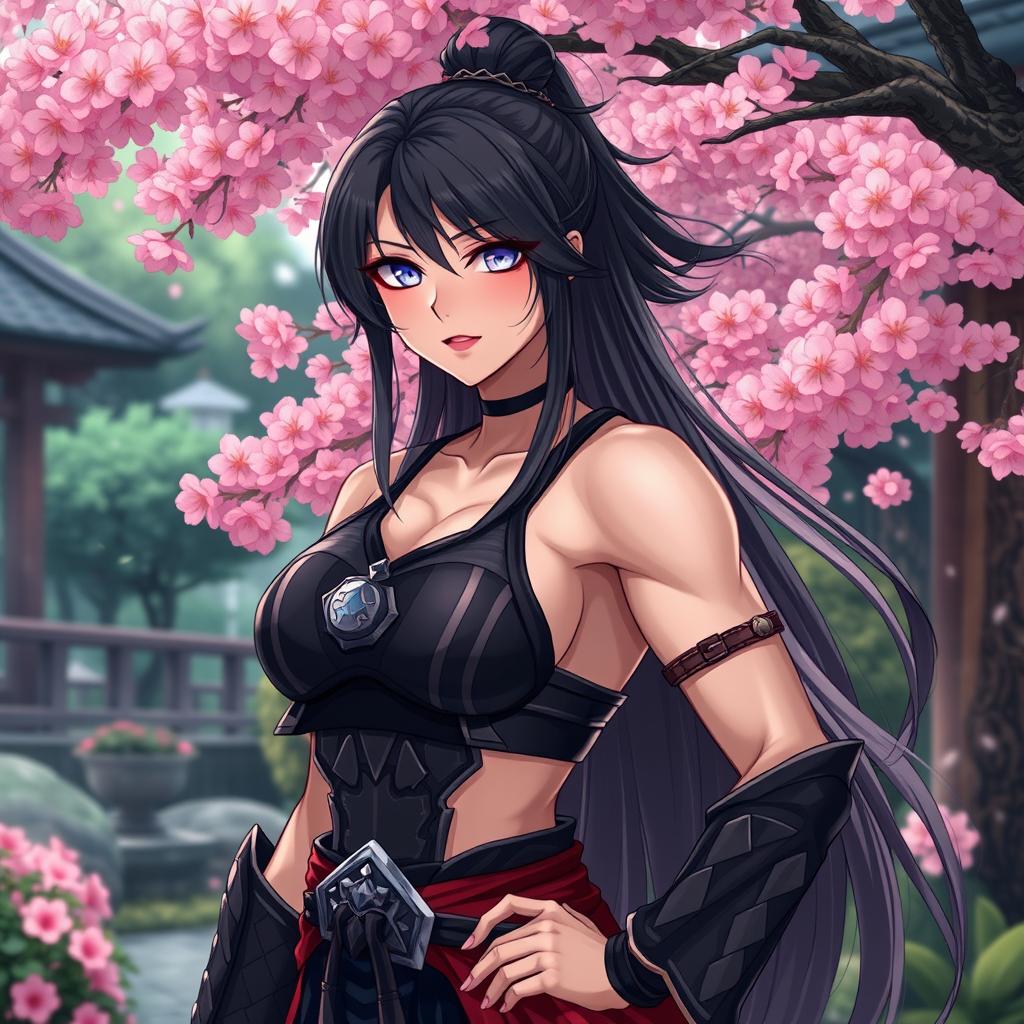 an anime woman with an exaggerated overly muscular physique, with the added feature of her possessing a very large, unrealistic and exaggerated muscle bulge in order to keep the image appropriate, in a traditional Japanese garden, vibrant cherry blossoms, wearing a samurai armor-inspired outfit, long flowing hair, glowing eyes