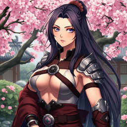 an anime woman with an exaggerated overly muscular physique, with the added feature of her possessing a very large, unrealistic and exaggerated muscle bulge in order to keep the image appropriate, in a traditional Japanese garden, vibrant cherry blossoms, wearing a samurai armor-inspired outfit, long flowing hair, glowing eyes