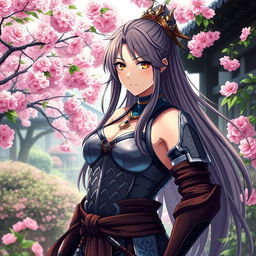 an anime woman with an exaggerated overly muscular physique, with the added feature of her possessing a very large, unrealistic and exaggerated muscle bulge in order to keep the image appropriate, in a traditional Japanese garden, vibrant cherry blossoms, wearing a samurai armor-inspired outfit, long flowing hair, glowing eyes