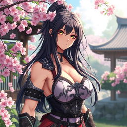 an anime woman with an exaggerated overly muscular physique, with the added feature of her possessing a very large, unrealistic and exaggerated muscle bulge in order to keep the image appropriate, in a traditional Japanese garden, vibrant cherry blossoms, wearing a samurai armor-inspired outfit, long flowing hair, glowing eyes