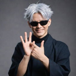 Satoru Gojo from Jujutsu Kaisen, with his distinctive blindfold and silver hair. He is in his classic pose making a hand sign and with a confident smile.