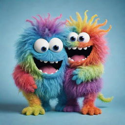 Two cheerful, colorful, hairy, gooey monsters hugging each other; one with a happy expression and the other with a scrunchy, playful face.