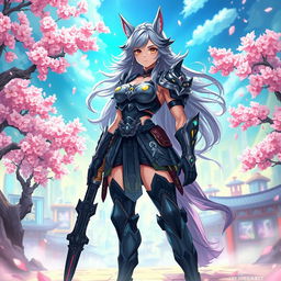 Anime-style illustration of a fantastical, muscular anthropomorphic female warrior standing confidently in a vibrant, surreal landscape