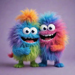 Two cheerful, colorful, hairy, gooey monsters hugging each other; one with a happy expression and the other with a scrunchy, playful face.