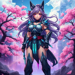 Anime-style illustration of a fantastical, muscular anthropomorphic female warrior standing confidently in a vibrant, surreal landscape