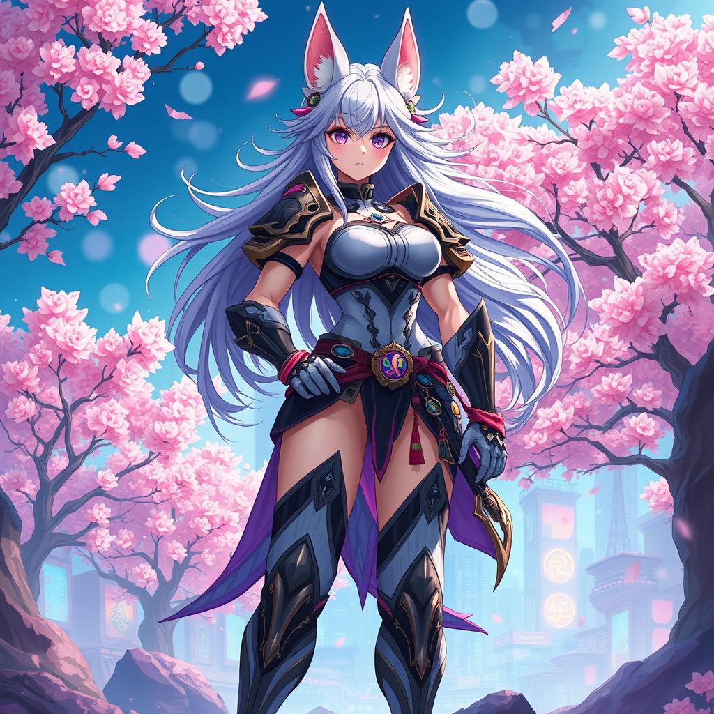 Anime-style illustration of a fantastical, muscular anthropomorphic female warrior standing confidently in a vibrant, surreal landscape