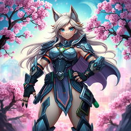 Anime-style illustration of a fantastical, muscular anthropomorphic female warrior standing confidently in a vibrant, surreal landscape