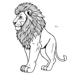 A line art drawing of a majestic lion standing sideways, with a detailed and intricate mane, holding a Rubik's Cube in its right paw