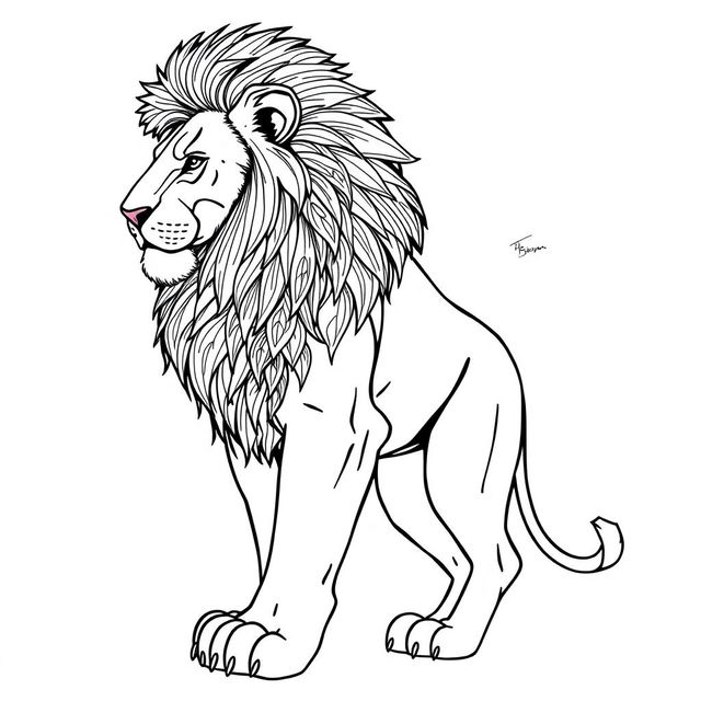 A line art drawing of a majestic lion standing sideways, with a detailed and intricate mane, holding a Rubik's Cube in its right paw