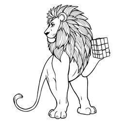 A line art drawing of a majestic lion standing sideways, with a detailed and intricate mane, holding a Rubik's Cube in its right paw