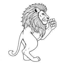 A line art drawing of a majestic lion standing sideways, with a detailed and intricate mane, holding a Rubik's Cube in its right paw