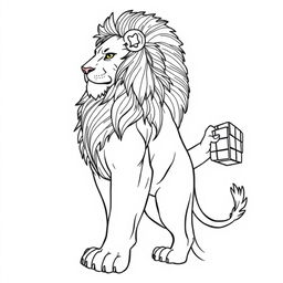 A line art drawing of a majestic lion standing sideways, with a detailed and intricate mane, holding a Rubik's Cube in its right paw