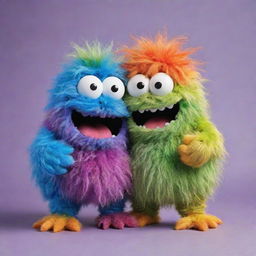 Two cheerful, colorful, hairy, gooey monsters hugging each other; one with a happy expression and the other with a scrunchy, playful face.