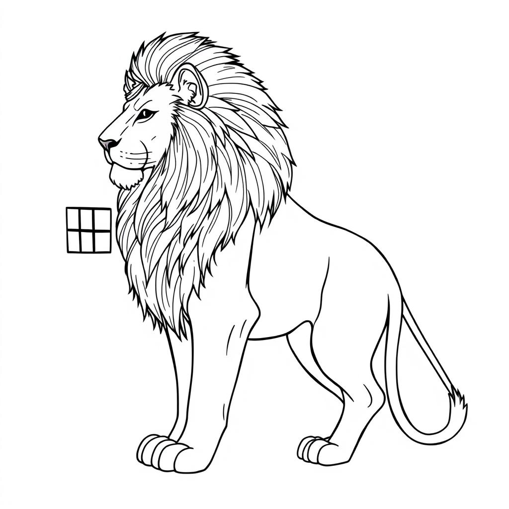 A line art drawing of a majestic lion standing sideways, showcasing its powerful build and detailed mane, holding a Rubik's Cube in its right paw