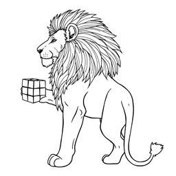 A line art drawing of a majestic lion standing sideways, showcasing its powerful build and detailed mane, holding a Rubik's Cube in its right paw