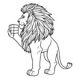 A line art drawing of a majestic lion standing sideways, showcasing its powerful build and detailed mane, holding a Rubik's Cube in its right paw