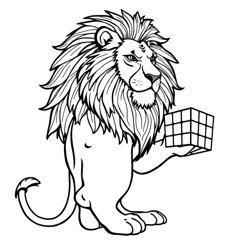 A line art drawing of a majestic lion standing sideways, showcasing its powerful build and detailed mane, holding a Rubik's Cube in its right paw