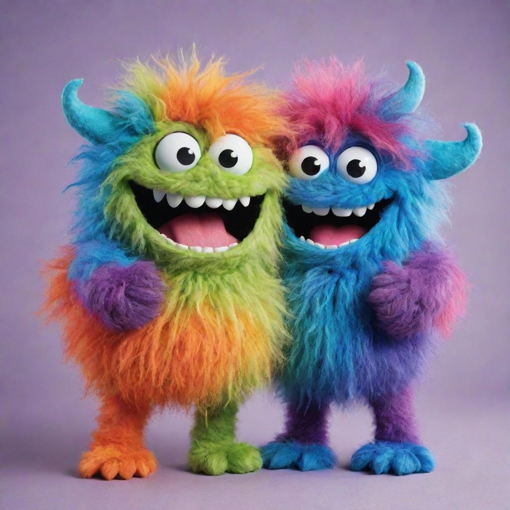 Two cheerful, colorful, hairy, gooey monsters hugging each other; one with a happy expression and the other with a scrunchy, playful face.