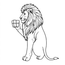 A line art drawing of a majestic lion standing sideways, gracefully holding a Rubik's Cube in its right paw