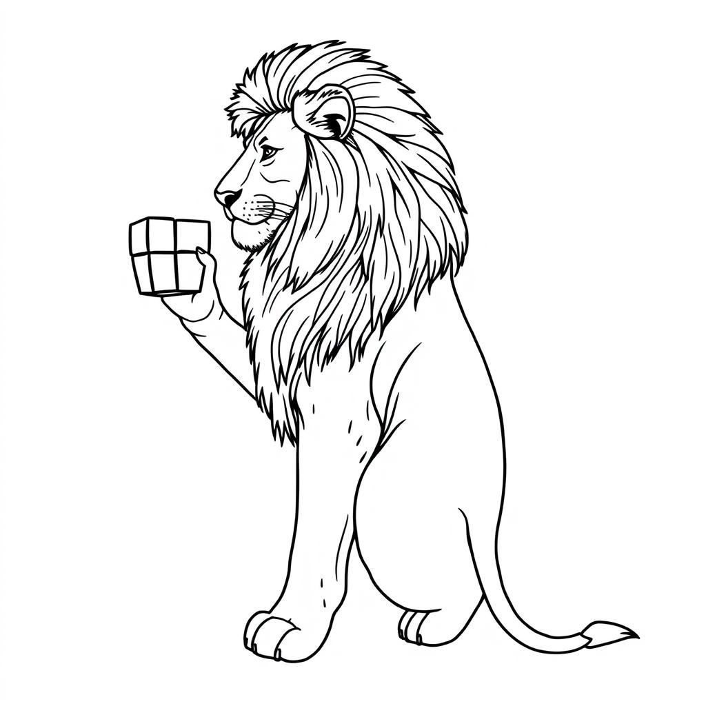 A line art drawing of a majestic lion standing sideways, gracefully holding a Rubik's Cube in its right paw