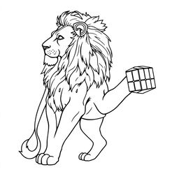 A line art drawing of a majestic lion standing sideways, gracefully holding a Rubik's Cube in its right paw