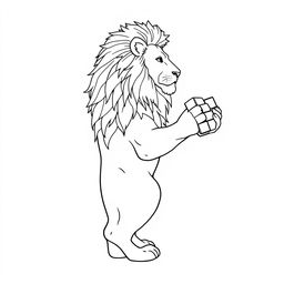 A line art drawing of a majestic lion standing sideways, gracefully holding a Rubik's Cube in its right paw