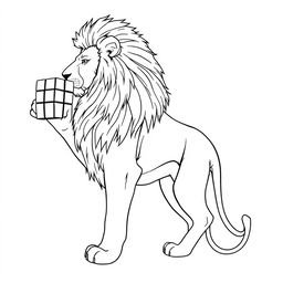 A line art drawing of a majestic lion standing sideways, gracefully holding a Rubik's Cube in its right paw