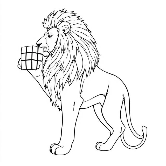 A line art drawing of a majestic lion standing sideways, gracefully holding a Rubik's Cube in its right paw