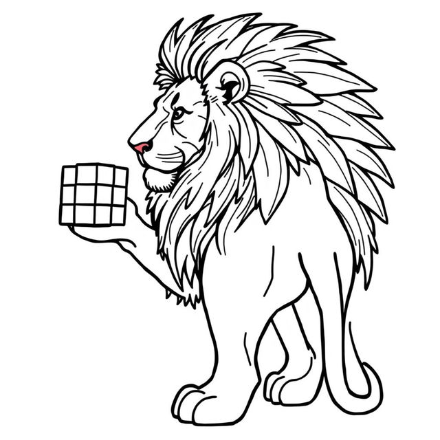 A line art drawing of a majestic lion standing sideways, showcasing a detailed mane and holding a Rubik's Cube in its right paw