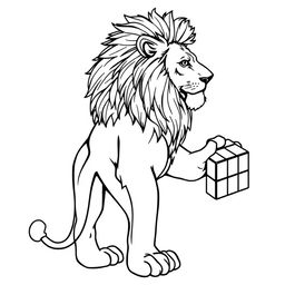 A line art drawing of a majestic lion standing sideways, showcasing a detailed mane and holding a Rubik's Cube in its right paw