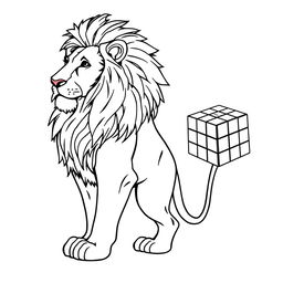 A line art drawing of a majestic lion standing sideways, showcasing a detailed mane and holding a Rubik's Cube in its right paw