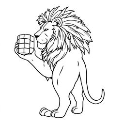 A line art drawing of a majestic lion standing sideways, showcasing a detailed mane and holding a Rubik's Cube in its right paw