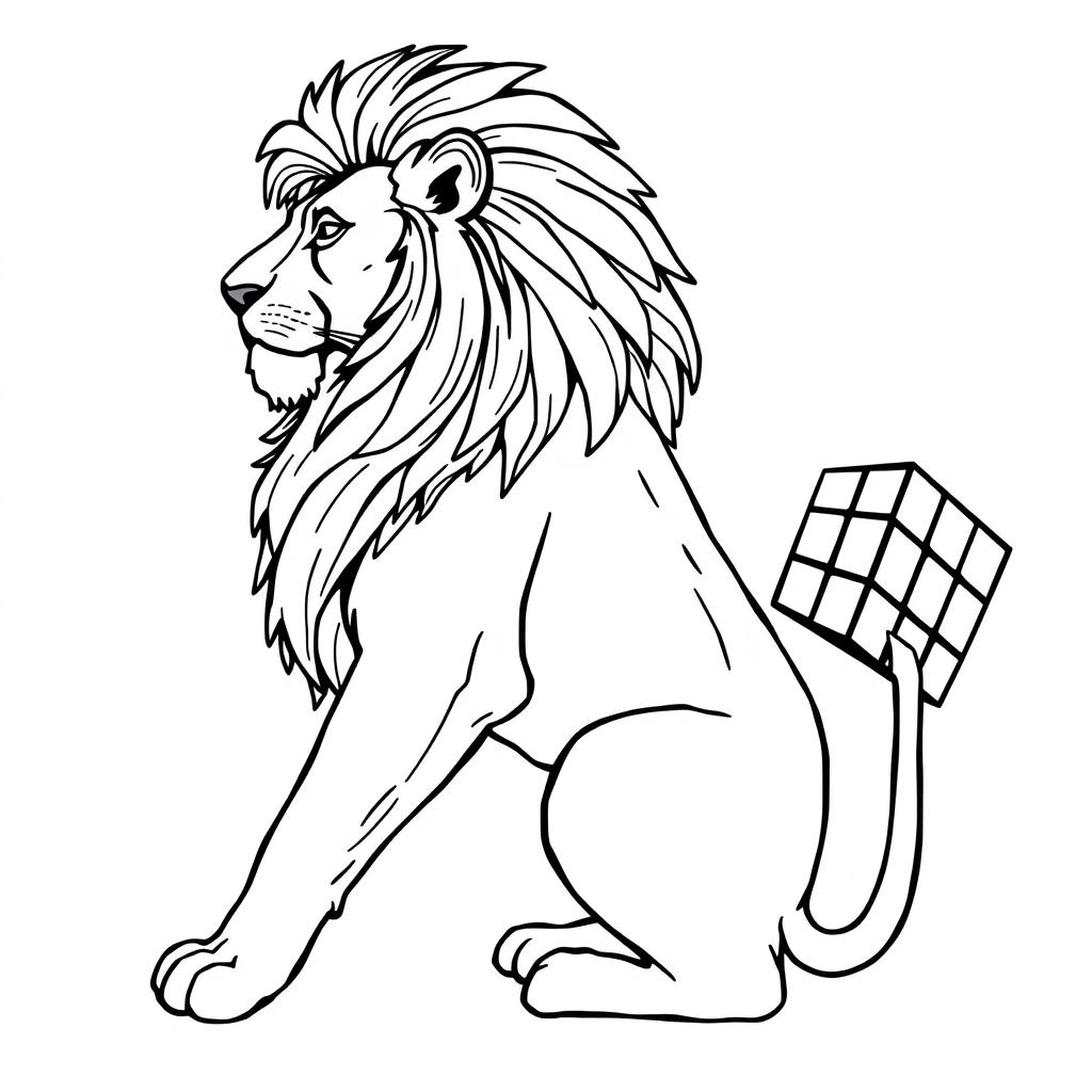 A line art illustration of a majestic lion posed sideways, complete with a flowing mane and a detailed body structure, holding a Rubik's Cube in its right paw