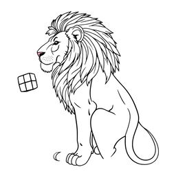 A line art illustration of a majestic lion posed sideways, complete with a flowing mane and a detailed body structure, holding a Rubik's Cube in its right paw