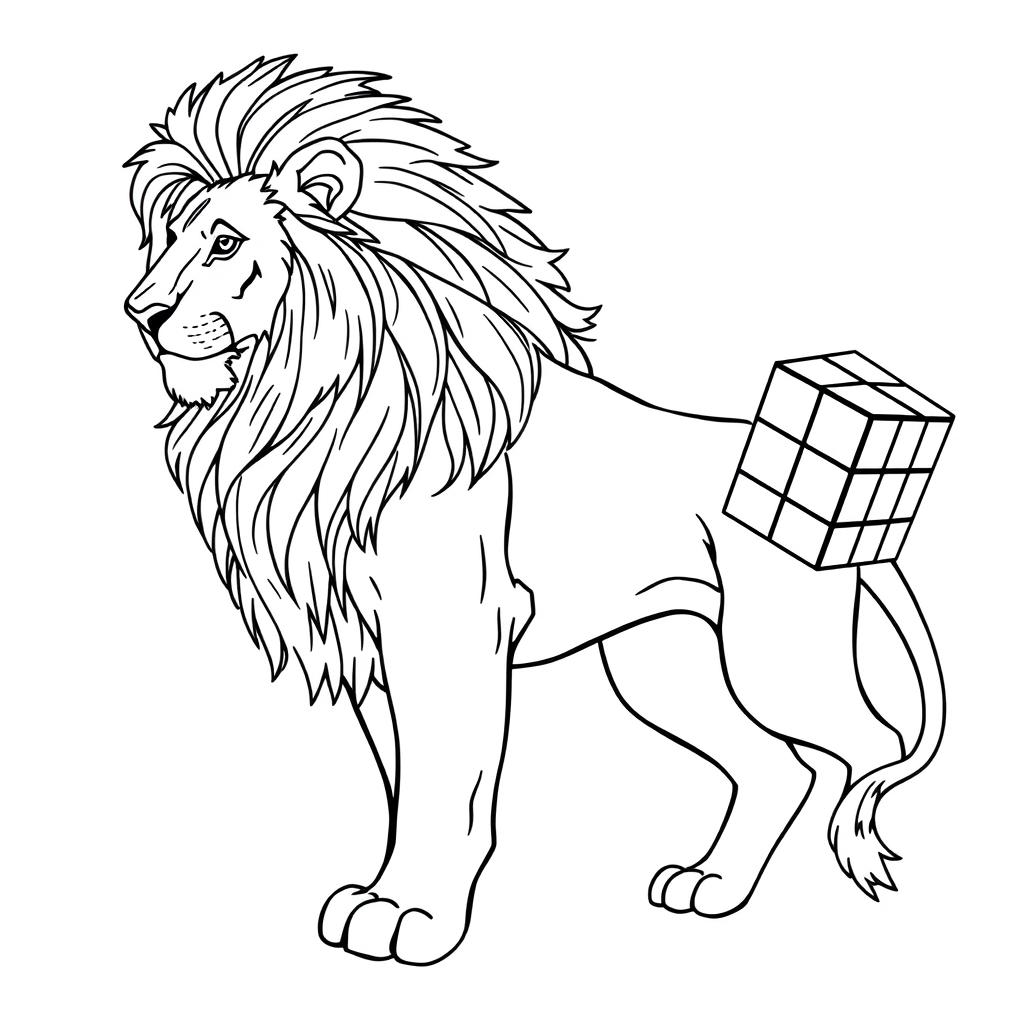 A line art illustration of a majestic lion posed sideways, complete with a flowing mane and a detailed body structure, holding a Rubik's Cube in its right paw