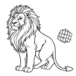 A line art illustration of a majestic lion posed sideways, complete with a flowing mane and a detailed body structure, holding a Rubik's Cube in its right paw