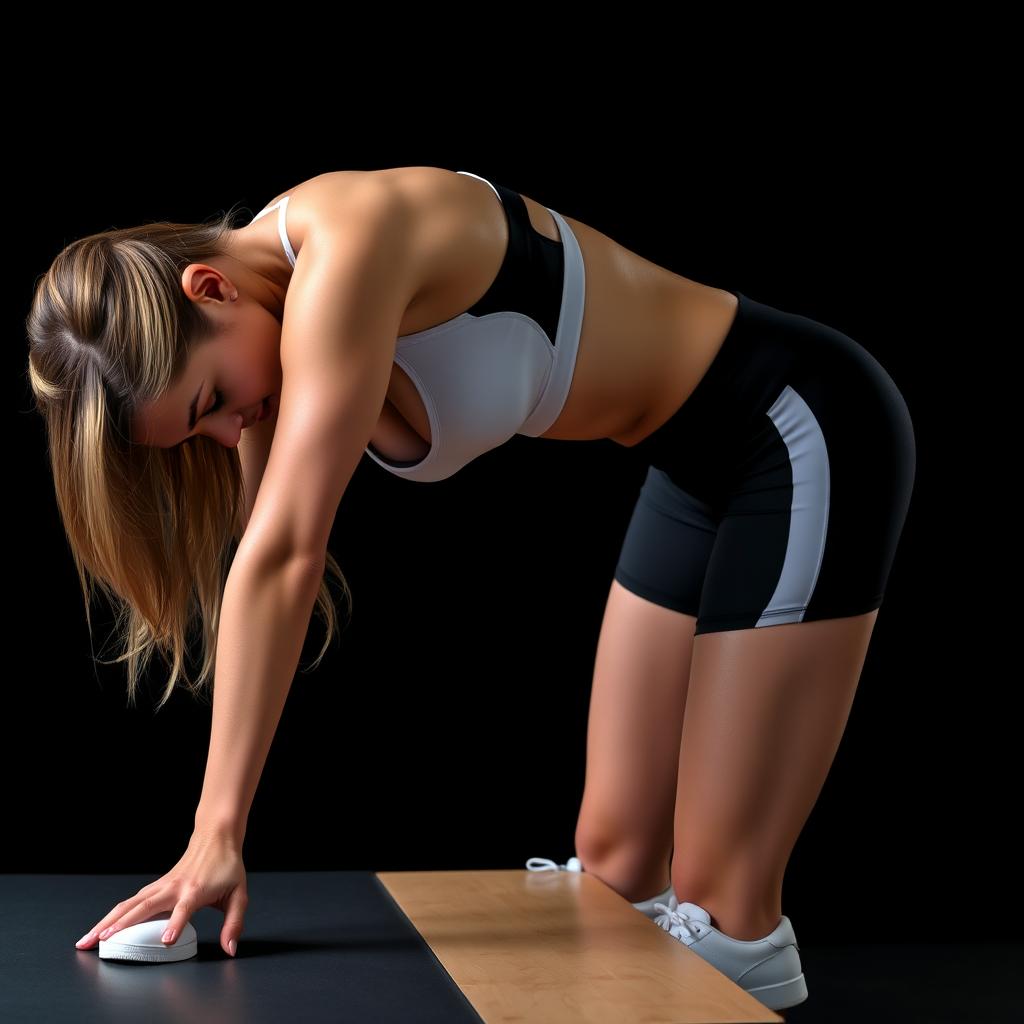 A full body picture featuring a woman bending over a desk, wearing a sports bra and gym shorts