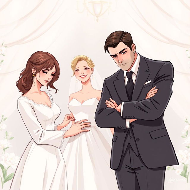 A contemporary romantic illustration showing a wedding scene with three main characters at the center