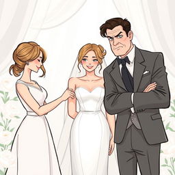 A contemporary romantic illustration showing a wedding scene with three main characters at the center